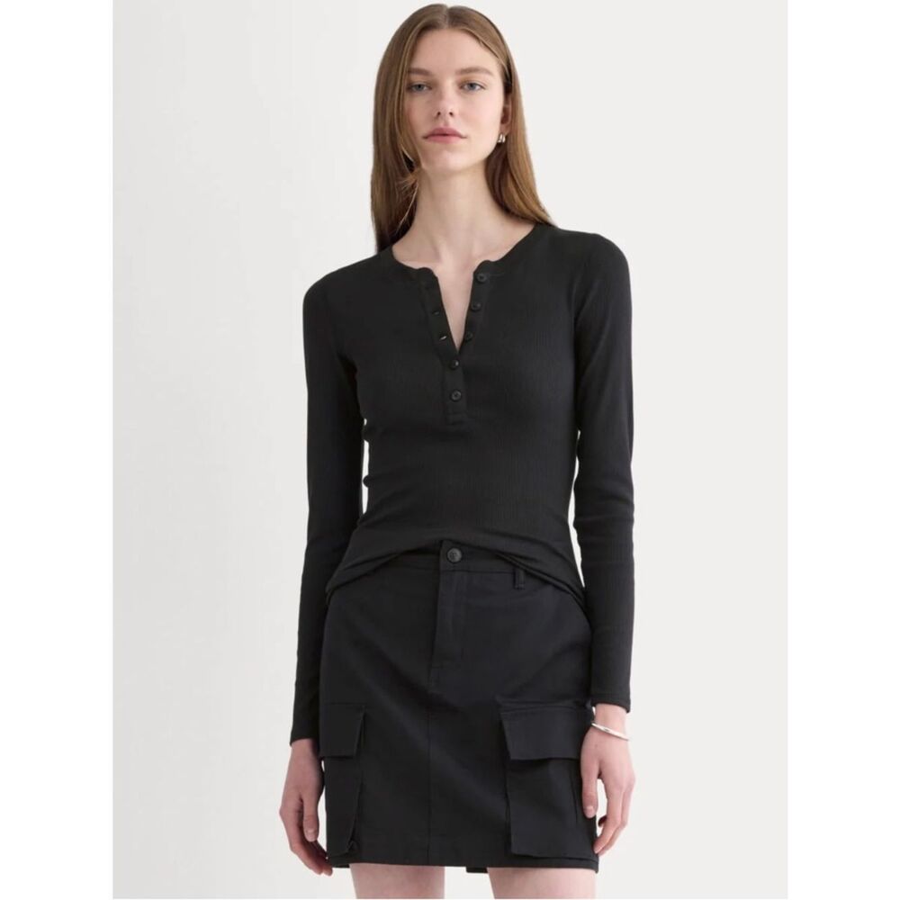 New Everlane THE LUXE RIB HENLEY in Black Size XS
